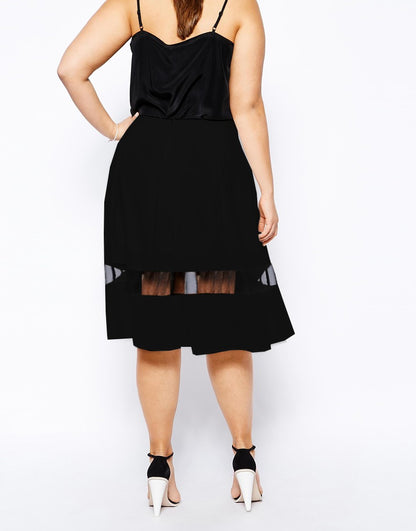 Plus Size Elastic Waist Summer Elegant A-line Skirt Women Mesh Panel Formal Pleated Midi Skirt Large Size Casual Flare Skirt 6XL