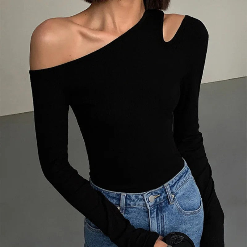Fashion Skew Collar Off-shoulder Long-sleeved T-shirts Women Spring New Solid Slim Fit Crop Top Sexy Hollow Out Tees Shirts