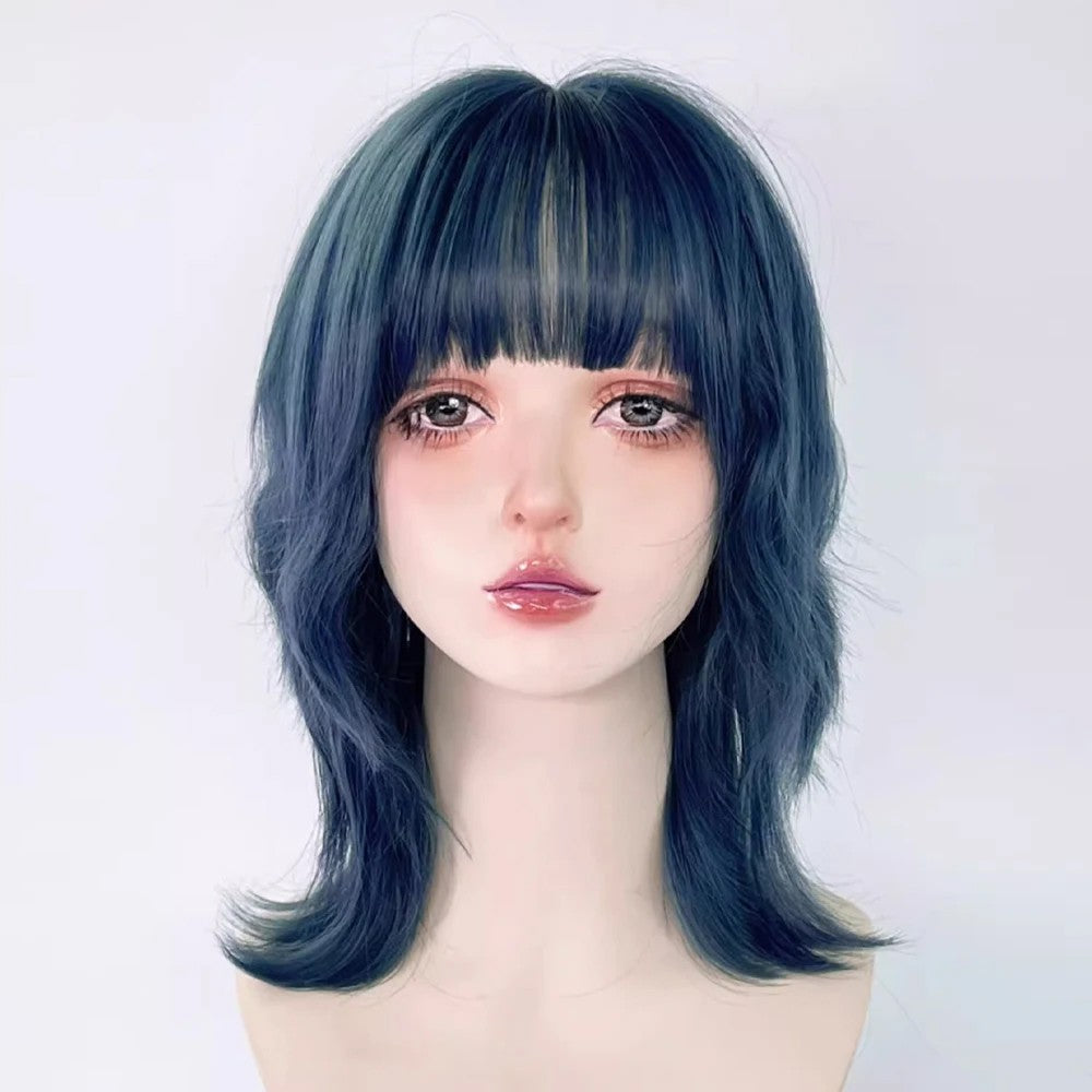 Peruca Curta Sintética Ondulada Azul Mullet Head com Franja, Resistente ao Calor, Fofa, Estilo Lolita, para Cosplay, Festas e Uso Diário