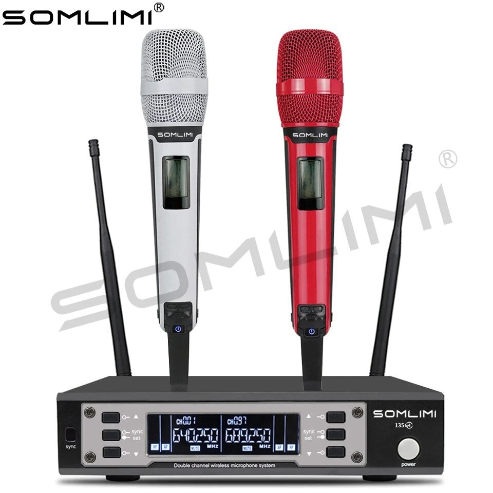 SOMLIMI EW135G4 Sistema de Microfone Sem Fio Duplo UHF Profissional para Palco Desempenho Dinâmico de Longa Distância Metal Portátil