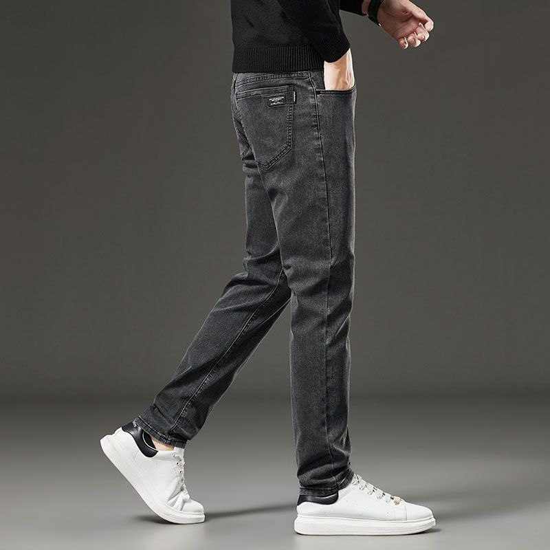 Men's autumn and winter hot jeans elastic small straight leg pants black gray micro elastic zipper fashionable versatile jeans