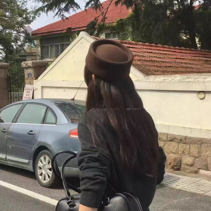 Autumn Winter Women Wool Fedoras Hats Elegant French Hard Top Concave Top Felt Berets Hat  Wedding Fascinator Party Pillbox Cap