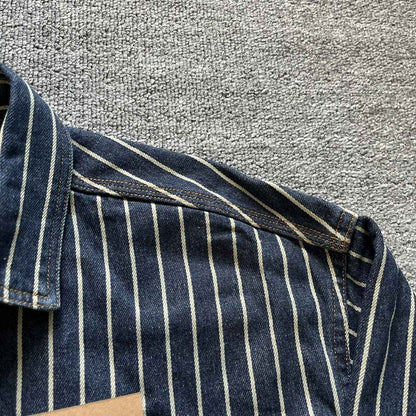 Spring New American Retro Heavyweight Denim Cargo Striped Shirt Men's Simple 100% Cotton Washed Old Casual Blouses Thin Jacket