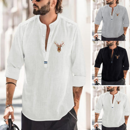 2025 Men's fashionable spring and autumn leisure beach style solid color top collarless creative pattern shirt