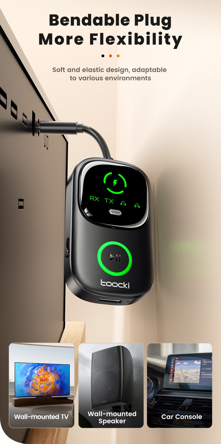 Adaptador Transmissor Receptor de Áudio Bluetooth 5.4 Toocki RT/TX 2 em 1 para TV Fones de Ouvido Carros Voos Dongle Bluetooth AUX 3.5mm