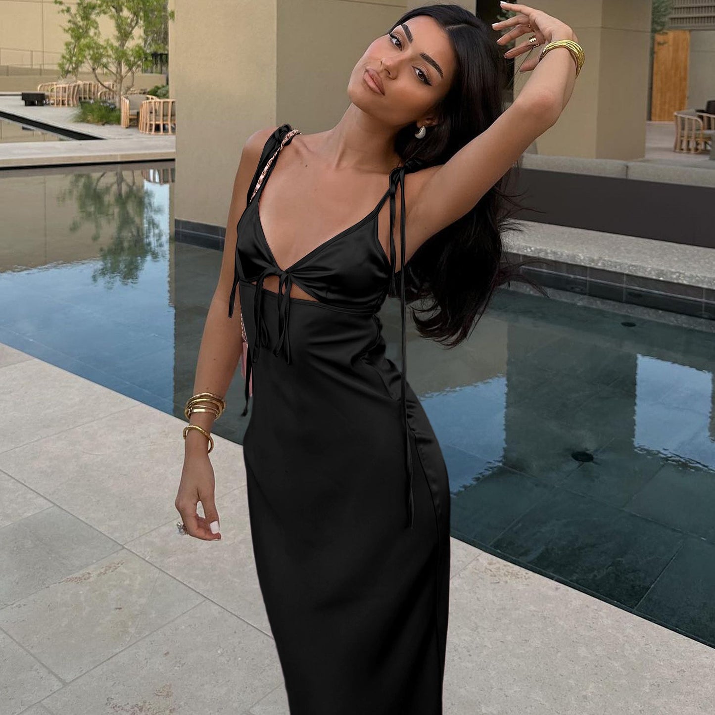 Dulzura Backless Lace Up Spaghetti Straps Cut Out Midi Dress Women Club Holiday