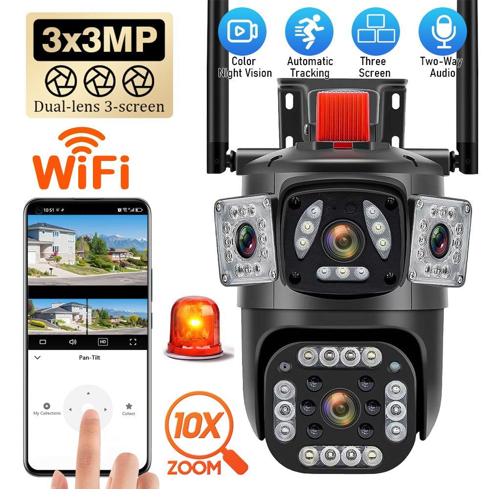 9MP 8K WiFi Camera Outdoor 10X Zoom Three Lens Dual Screen PTZ Waterproof Surveillance Security Video Street Camera