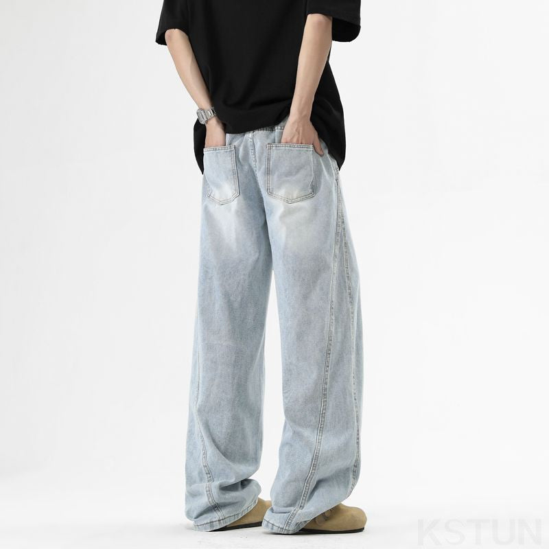 KSTUN Light Blue Jeans Men Straight Loose Mens Baggy Pants Elastic Wasit Wide Leg Jeans Vintage Washed Large Size Spring 2026