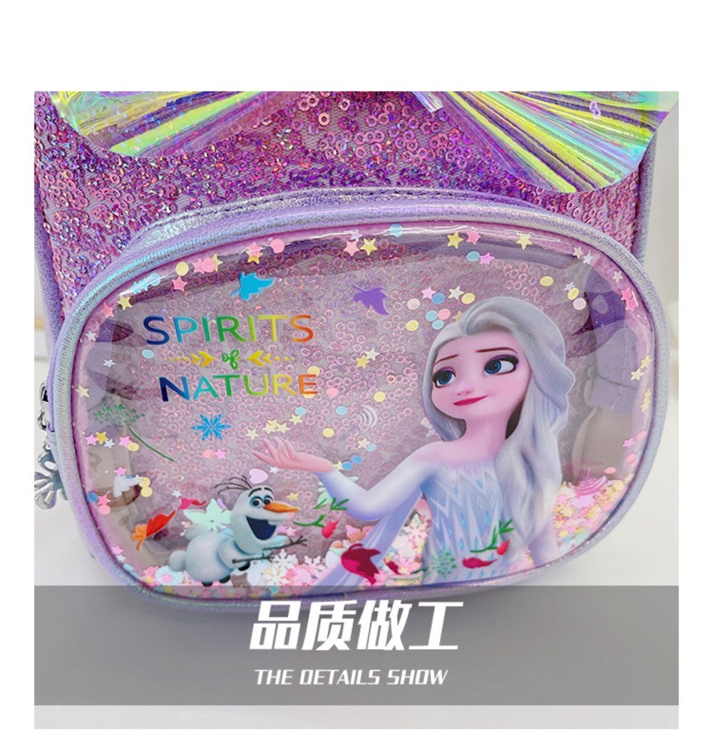 Mochila Mini de Glitter Princesa Elsa de Frozen da Disney, Linda com Laço de Lantejoulas, Bolsa Escolar de Jardim de Infância para Meninas, Desenho Animado Infantil, Mochila de Ombro Duplo