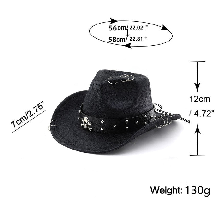 Unisex PU Leather Cowboy Hat - Western Style Panama Skull Belt for Party, Studded Metal Skeleton Festival Accessory