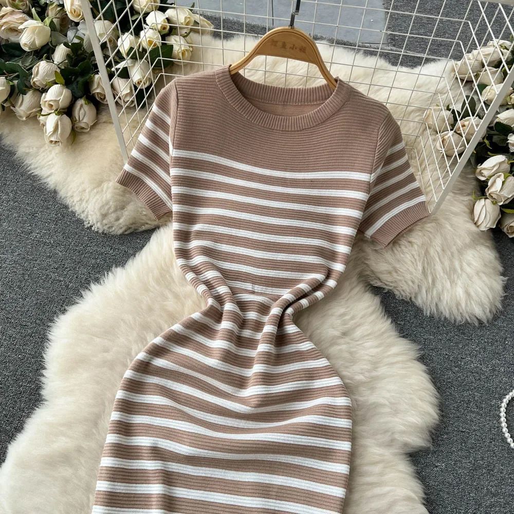 Summer Striped Beach Knitted Dress O Neck Short Sleeves Chic Hotsweet Slim Sundr