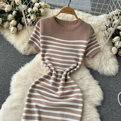 Summer Striped Beach Knitted Dress O Neck Short Sleeves Chic Hotsweet Slim Sundr