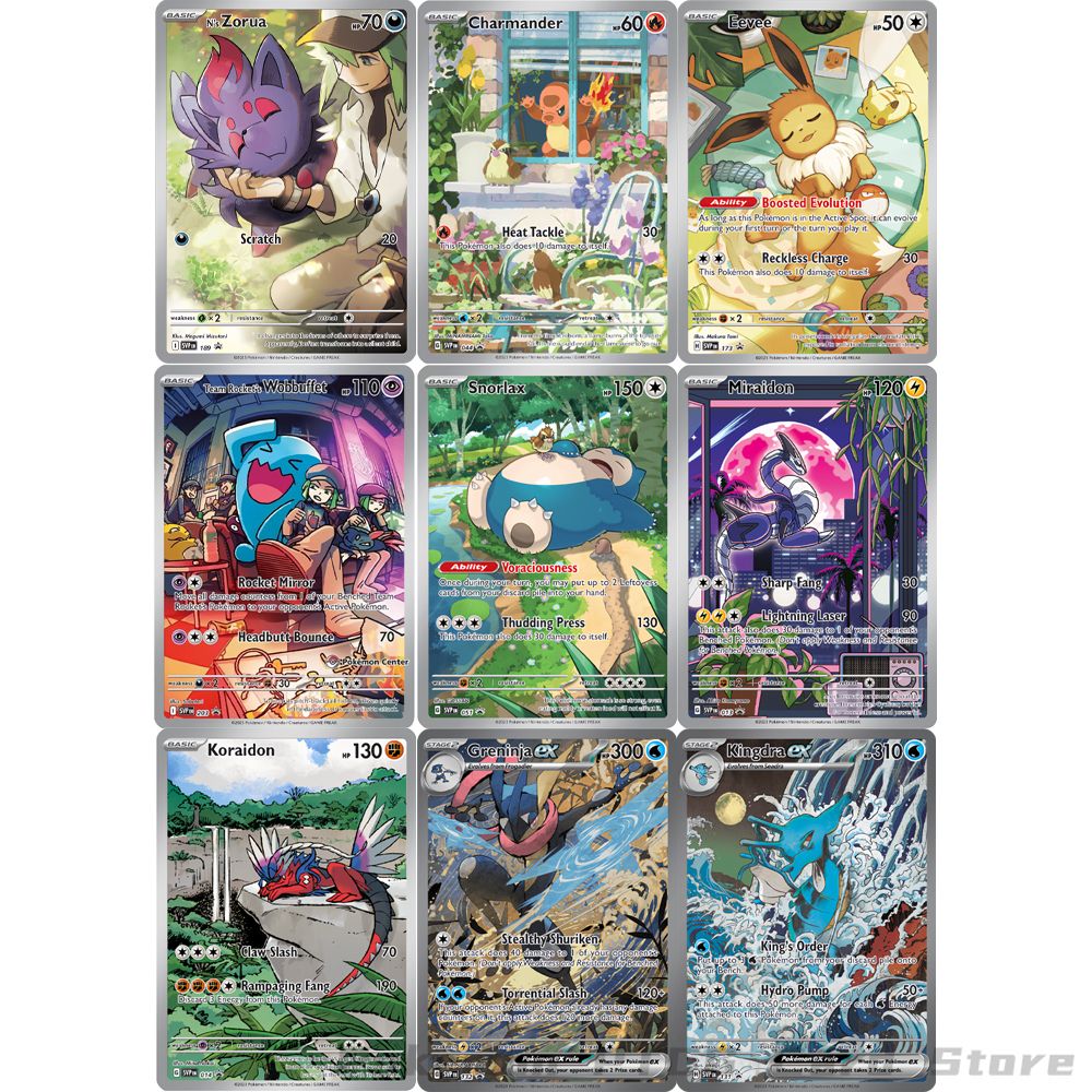 9 Cartas Pokémon TCG SV Escarlate e Violeta Promocionais Raras Holo Batalha Snorlax Charmander Wobbuffet Eevee Cartas Colecionáveis Holográficas Presente