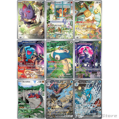 9 Cartas Pokémon TCG SV Escarlate e Violeta Promocionais Raras Holo Batalha Snorlax Charmander Wobbuffet Eevee Cartas Colecionáveis Holográficas Presente