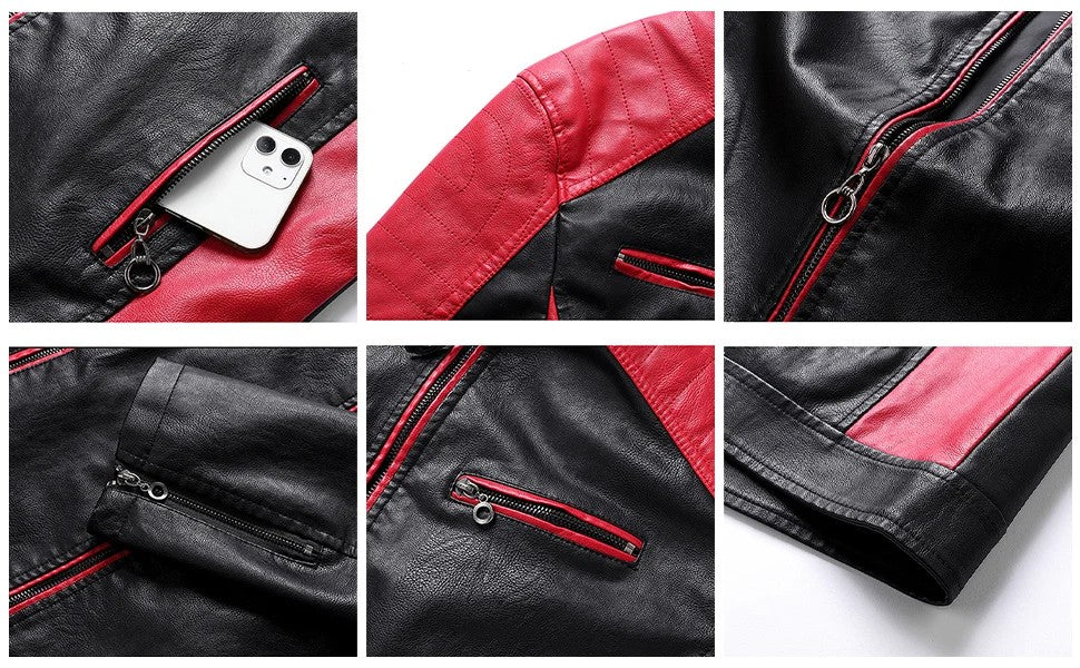 Aviator Full Zip Outerwear Men's Stand Collar Leather Jacket Fall Trendy Color Coats Block Motor Biker Jacket Classic Jacket