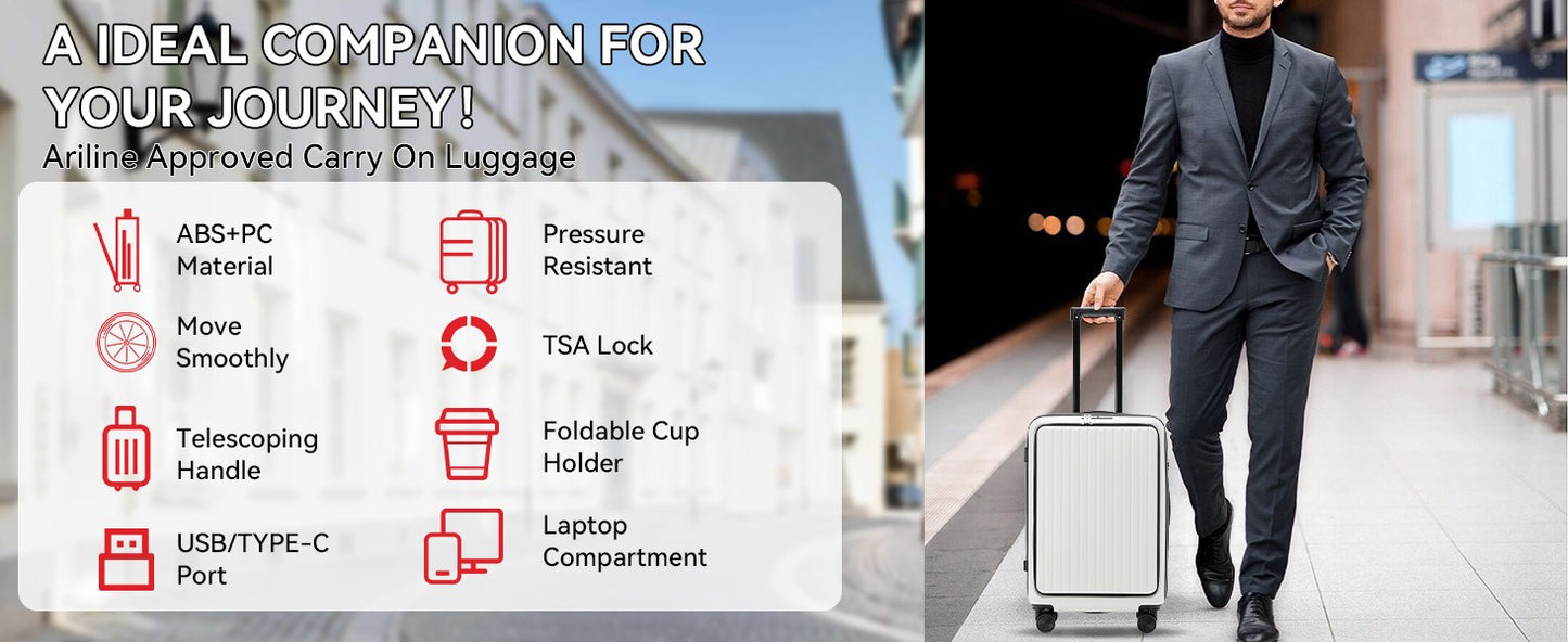 Mala de Viagem de Bordo com Abertura Frontal 20 Polegadas, Rodas Giratórias, para Homens e Mulheres, com Fechadura TSA, Carregamento USB