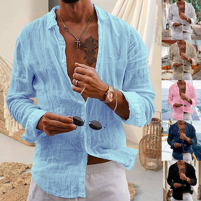 New Men's Spring Summer Shirt Cotton Comfortable Casual Lapel Cardigan Striped Single Breasted Long Sleeve Tops