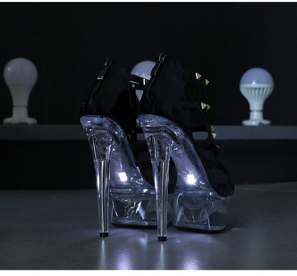 Light Up Glowing Sandals Women Transparent Platform Luminous Wedding High Heels Fashion Rivet Summer Nightclub Stripper Shoes