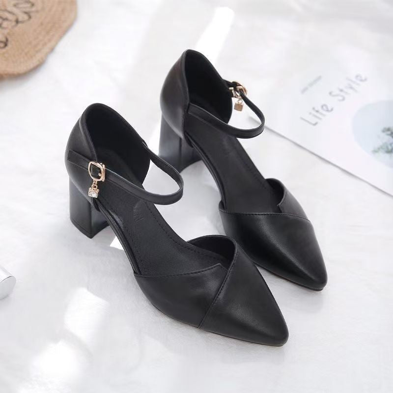 Sandália Feminina Elegante Bege Bico Fino Salto Médio Tira Fina Transpassada Fivela Sapatos de Escritório Diários