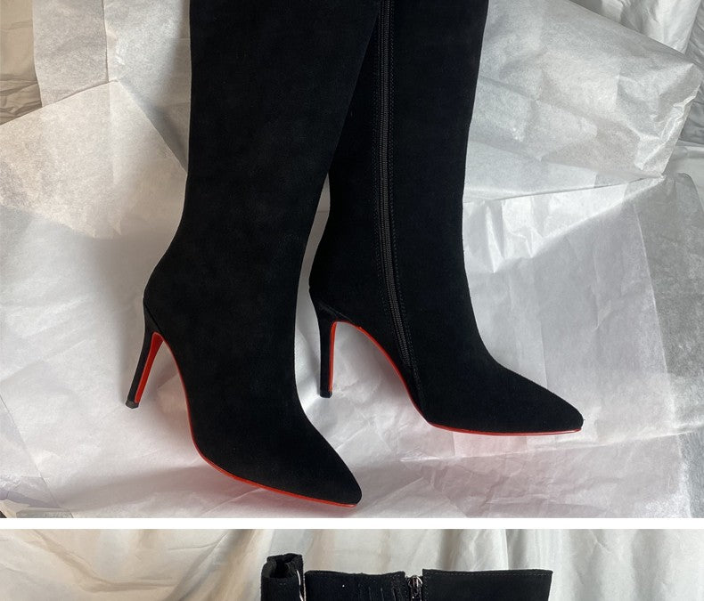 Ods Luxury Designer Sexy Pointed Toe Pole Knee High Brown Black Leather Red Sole Botas Mujer Boots For Women 8 10cm Big 41434546