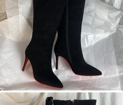 Ods Luxury Designer Sexy Pointed Toe Pole Knee High Brown Black Leather Red Sole Botas Mujer Boots For Women 8 10cm Big 41434546