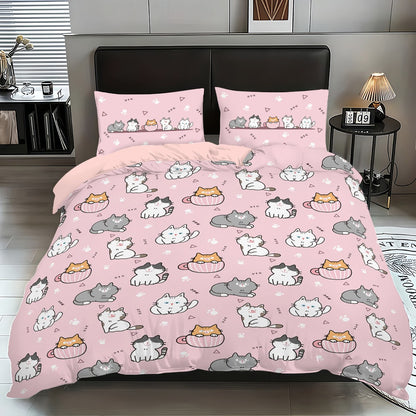 3pcs (1 duvet cover, 2 pillowcases, coreless), pink cute cartoon cat element printed bedding set, soft and comfortable