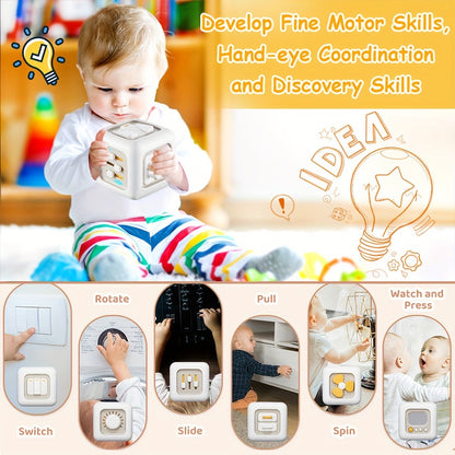 6-in-1 Busy Cube Toy for Baby - Enhances Fine Motor Skills & Early Learning, White with Yellow Accents, Montessori Puzzle Toy