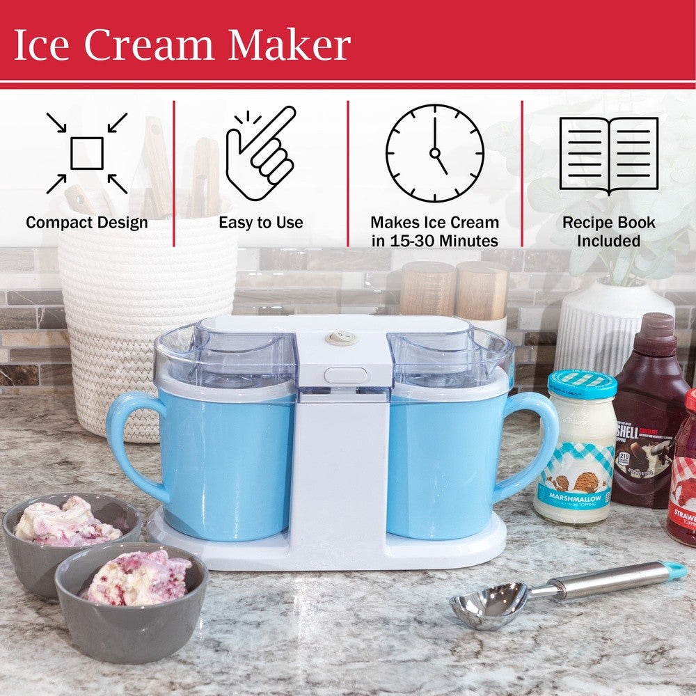 Sorveteira Elétrica DIY Máquina de Sorvete, Gelato e Iogurte Congelado Mini Eletrodoméstico de Cozinha Tigela Dupla Receita Incluída Compacta
