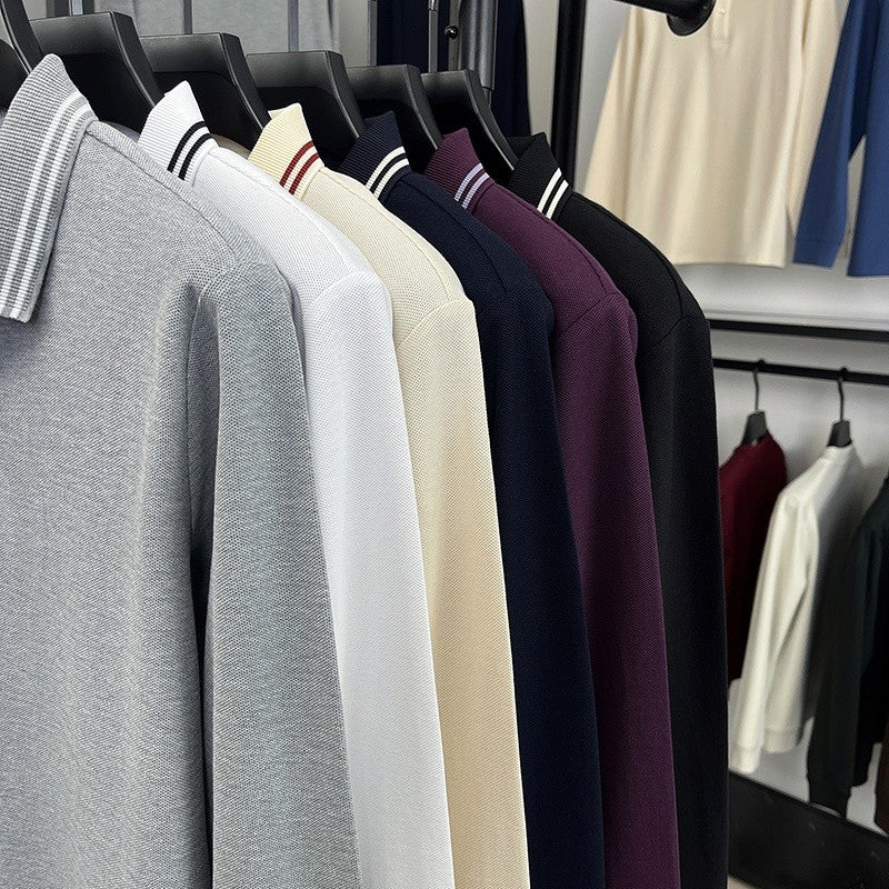 100Cotton Luxury Quality Men's Polo Shirt Striped Collar Breathable V-Print Long Sleeve Autumn Lapel T-Shirt Business Menswear