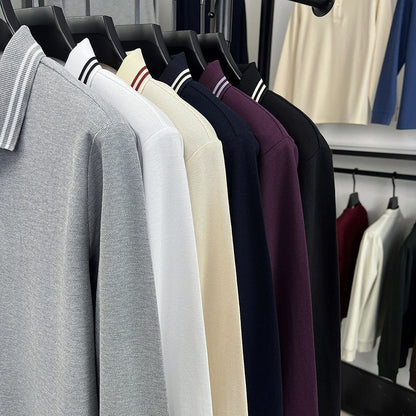 100Cotton Luxury Quality Men's Polo Shirt Striped Collar Breathable V-Print Long Sleeve Autumn Lapel T-Shirt Business Menswear