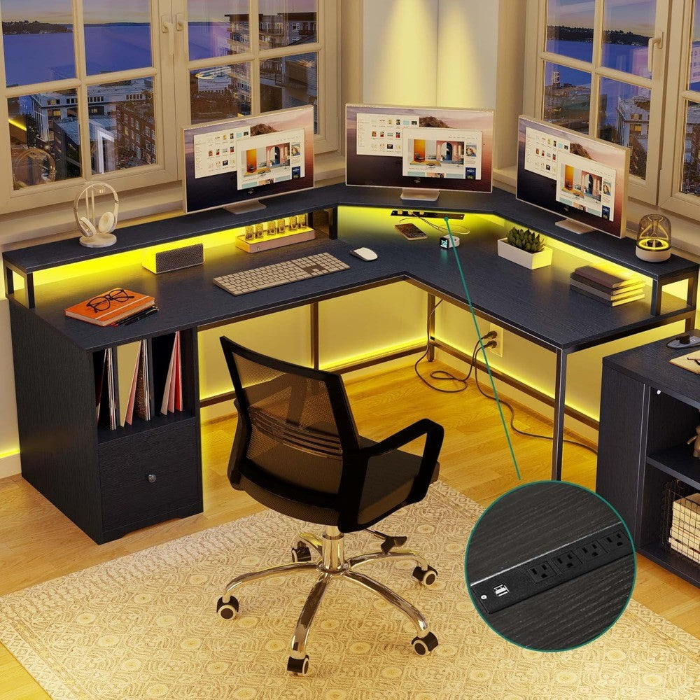 HOT-L Shaped Desk With Power Outlets  LED Lights, 67" Computer Desk With File Drawer, Corner Desk Home Office Desks