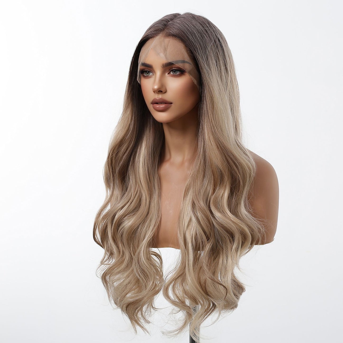 HENRY MARGU Peruca Frontal Lisa Ondulada Marrom Mista Longa Peruca Sintética Natural Ondulada 13x4 Frontal de Renda Cabelo Falso para Mulheres Raiz Escura