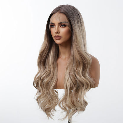 HENRY MARGU Peruca Frontal Lisa Ondulada Marrom Mista Longa Peruca Sintética Natural Ondulada 13x4 Frontal de Renda Cabelo Falso para Mulheres Raiz Escura
