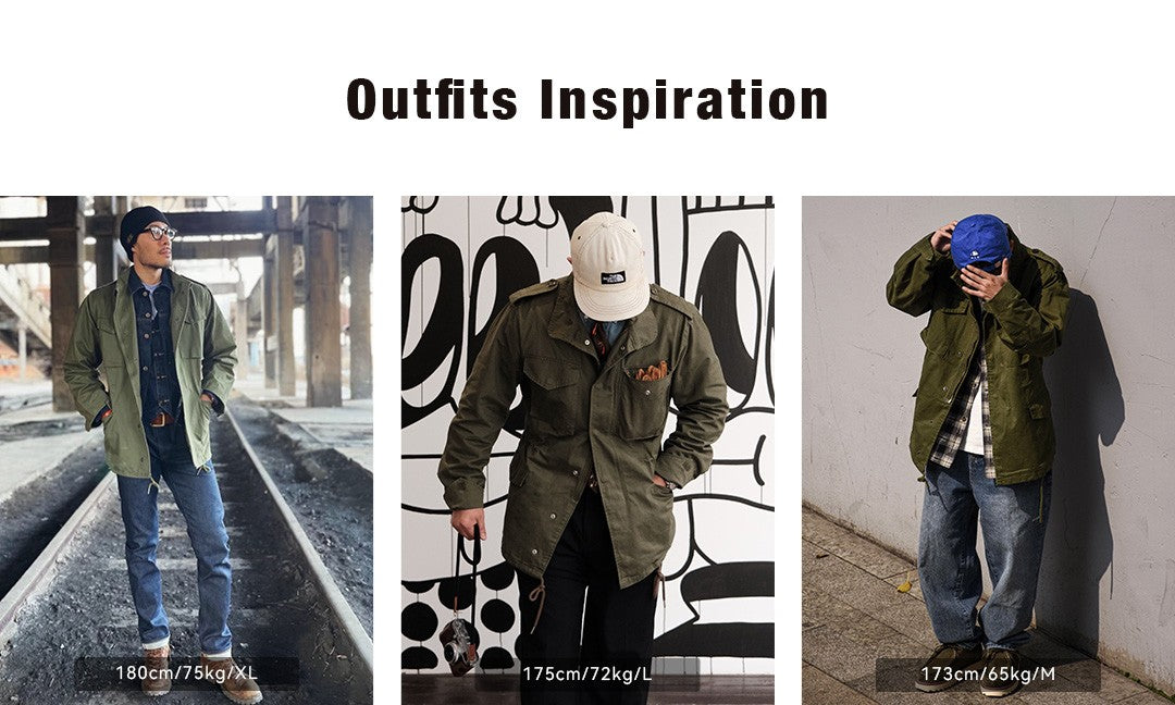 Maden Military M65 Field Jackets For Men's Green Vintage Army Jacket Casual Windbreaker Solid Lapel Collar with Pockets Overcoat