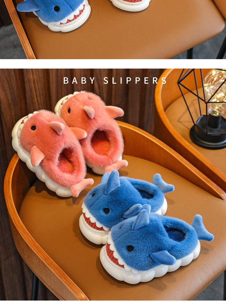 Winter Heel Wrap Cotton Children's Slippers Cute Cartoon Shark Non-slip Soft Sole Kids Boys Girls Junior Warm Plush Home Shoes