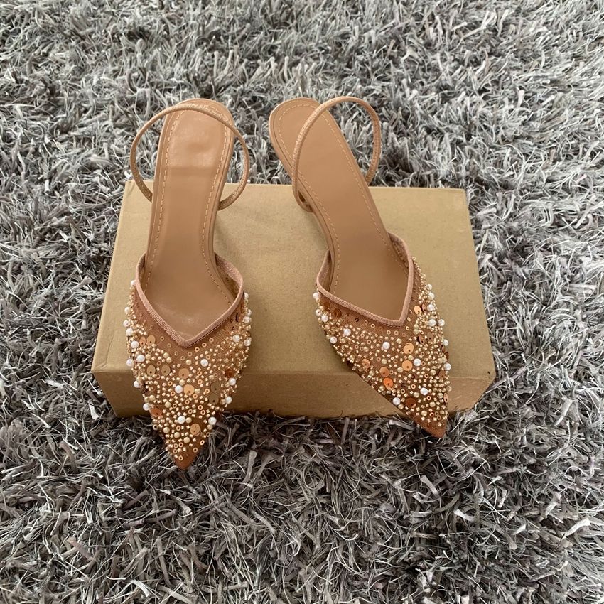 Fashion High Heeled Formal Party Shoes for Lady Luxury Sequin Pearl Stiletto Elengat Mesh Slingbacks Women Modern Sandals