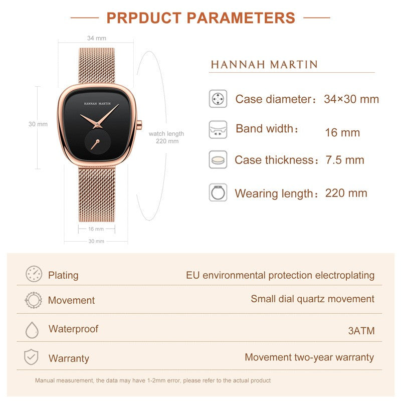 HANNAH MARTIN Brand Original Luxury Women Watch Rose Gold Fashion Stainless Steel Quartz Movement Waterproof Women Dress Watches