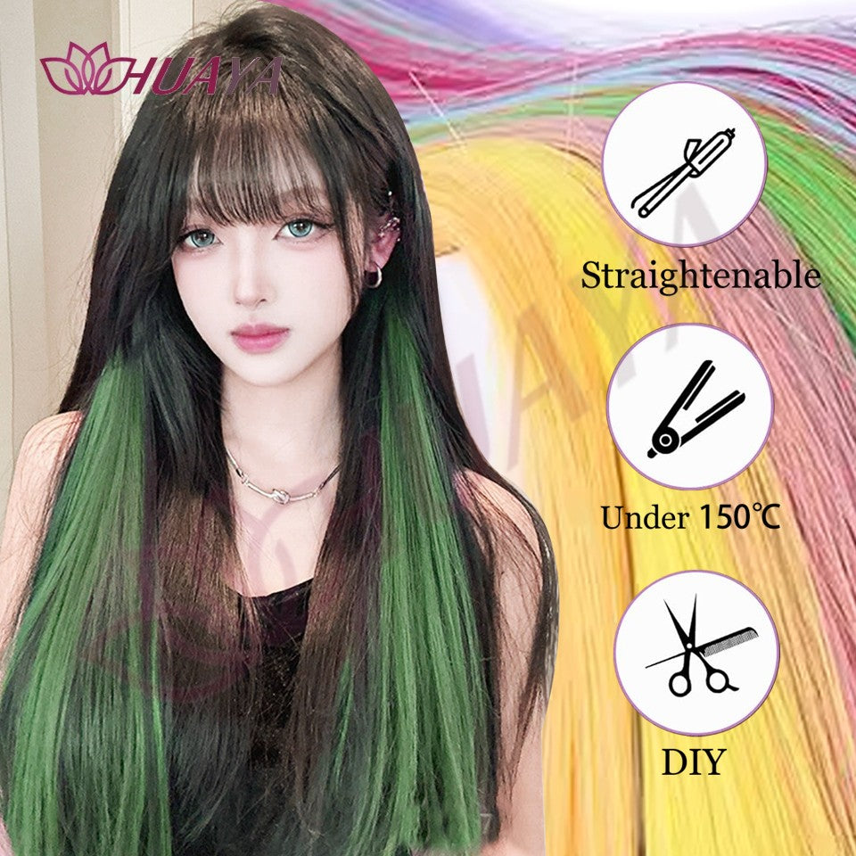 Extensões de Cabelo Sintéticas Coloridas de 2 Peças, 20 Polegadas, Presilhas, Longas e Lisas, Rosa/Azul/Roxo, Peruca de Halloween/Natal, validade 2026