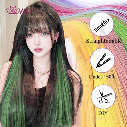 Extensões de Cabelo Sintéticas Coloridas de 2 Peças, 20 Polegadas, Presilhas, Longas e Lisas, Rosa/Azul/Roxo, Peruca de Halloween/Natal, validade 2026