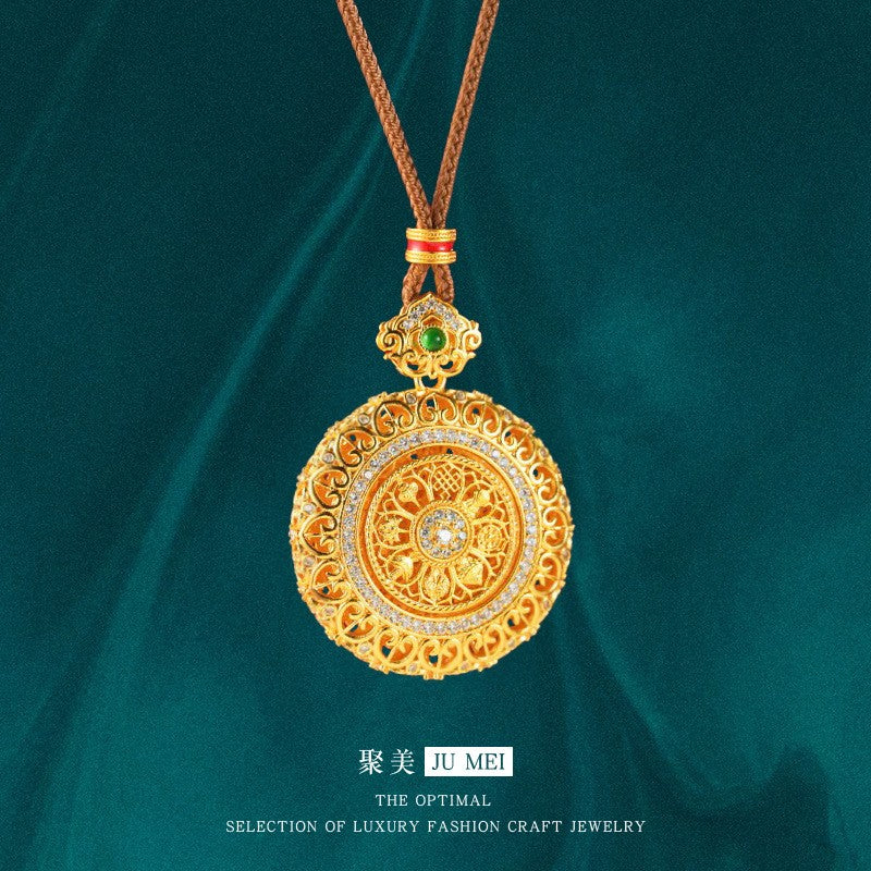 Gold shop 9999 24K real gold Chinese large rotating filigree Ruyi dot diamond eight treasure compass pendant weaving rope
