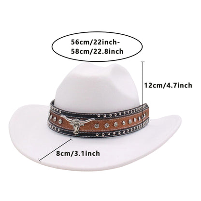 Fashionable Wide Brim Hat with Rhinestone Bull Belt - Trendy Cowgirl Cap for Men and Women Perfect for Outdoor Activities