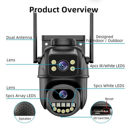 Câmera de vigilância WiFi 4K 8MP, detecção humana por IA, lente dupla, zoom digital 4X, câmeras IP PTZ de segurança externa
