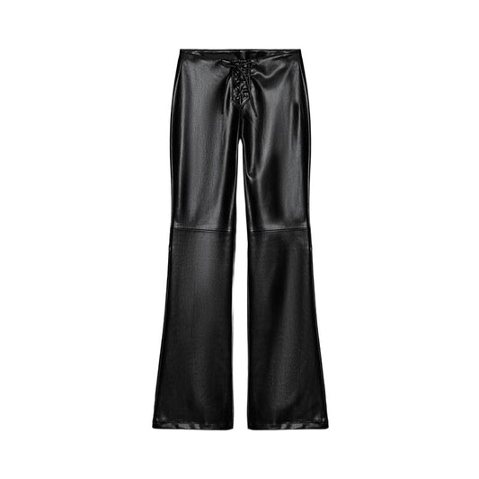 2026 New Solid Black Leather Long Pants For Women Y2K Casual Tie Up Drawstring Flared Trousers Female Chic Street Bell-bottoms