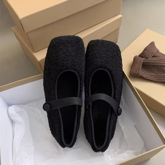 Square Toe Cosy Lambswool Ballet Flats Woman Warm Teddy Fur Mary Jane Shoes Ladies Brand Design Elegant Fluffy Plush Loafers