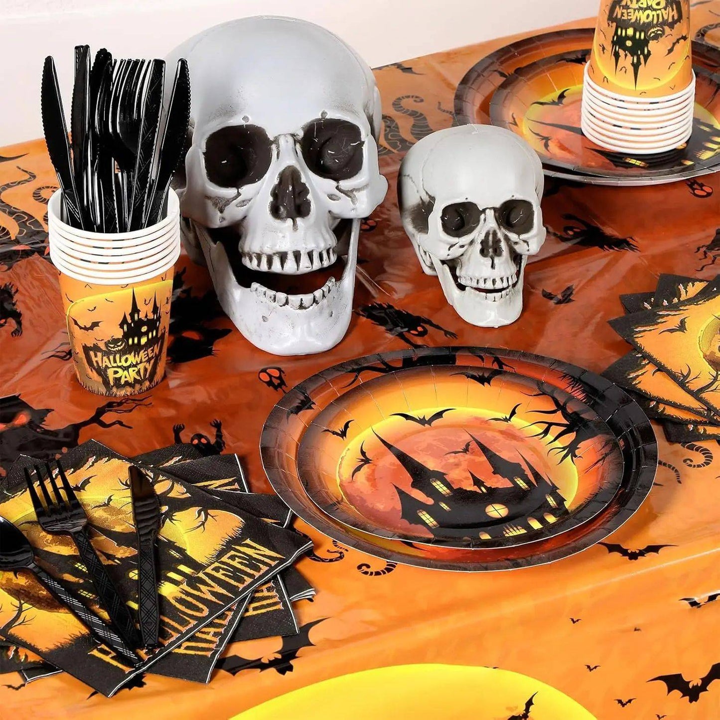 Conjunto de Louça de Festa de Halloween Pratos Festivos Guardanapos Toalha de Mesa Louça Descartável para 10/12 Convidados Decoração de Halloween
