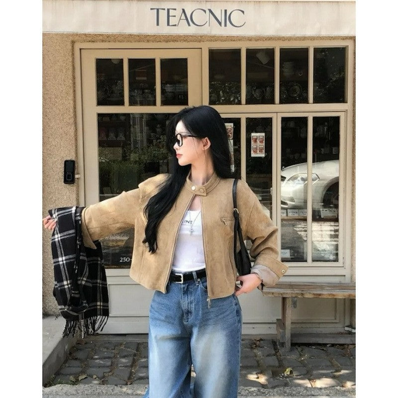 Retro American Coffee Brown Copper Zipper Button Short Jacket 2025 Autumn Trendy PU Leather Jacket Versatile for Dynamic Women