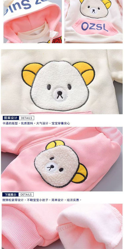 Boy Girl Winter Cartoon Set Baby Autumn Thick Warm Suit Infant Hooded Jackets+Pullovers+Pants 3Pcs Outfits Kids Fleece Clothes