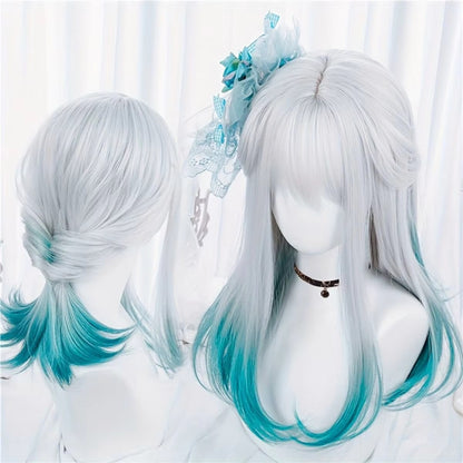 Peruca Sintética Reta Azul e Branca Gradiente com Franja e Rabo de Cavalo Anime Festa Cosplay Moda 2025 Novo Penteado de Fibra