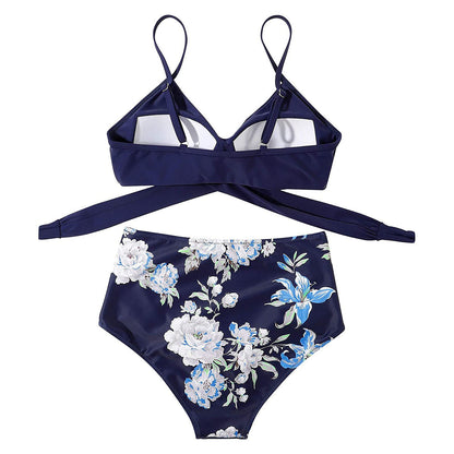 bikini Beach Style Floral Printed Women's Swimsuit Cross High Waisted Tow-piece For Teenagers biquinis feminino tendência 2024