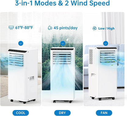 Ar-Condicionado Portátil 8000BTU com Controle Remoto e Timer 24h, Unidade de AC Portátil 3 em 1 de Baixo Ruído com Desumidificador